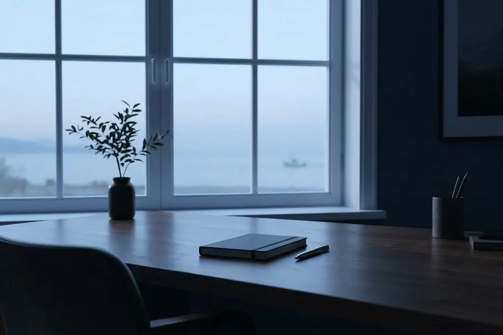 窓辺の机と、その向こうに広がる海。