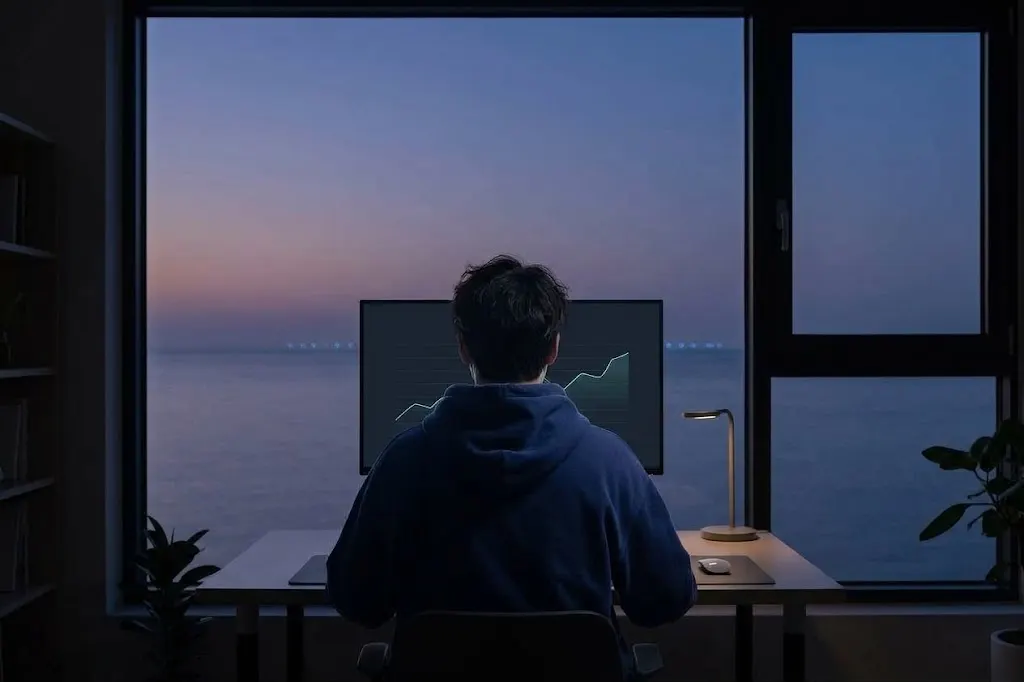 窓辺の机に向かう人の後ろ姿と、その向こうに広がる海。